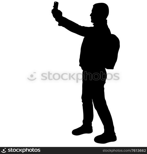 Silhouettes man taking selfie with smartphone on white background.. Silhouettes man taking selfie with smartphone on white background