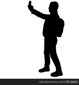 Silhouettes man taking selfie with smartphone on white background.. Silhouettes man taking selfie with smartphone on white background