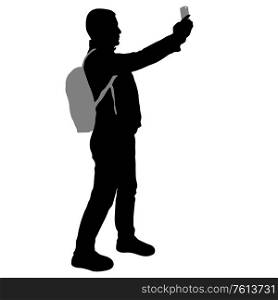 Silhouettes man taking selfie with smartphone on white background.. Silhouettes man taking selfie with smartphone on white background