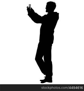 Silhouettes man taking selfie with smartphone on white background. Vector illustration. Silhouettes man taking selfie with smartphone on white background. Vector illustration.