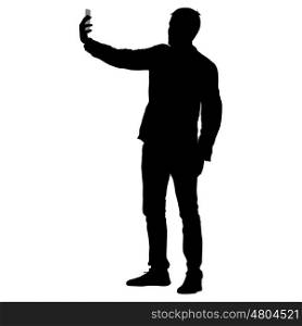 Silhouettes man taking selfie with smartphone on white background. Vector illustration. Silhouettes man taking selfie with smartphone on white background. Vector illustration.