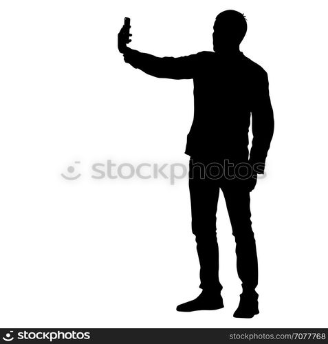 Silhouettes man taking selfie with smartphone on white background. Vector illustration. Silhouettes man taking selfie with smartphone on white background. Vector illustration.