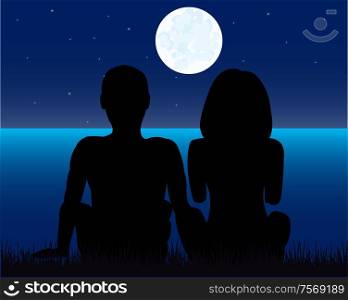 Silhouettes men and women sitting beside yard moon in the night. Man and woman moon in the night beside water