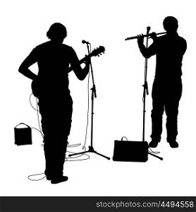 Silhouettes musicians plays the guitar and flute. Vector illustration. Silhouettes musicians plays the guitar and flute. Vector illustration.