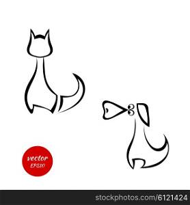 Silhouettes of a cat and dog isolated on white background. Vector illustration.