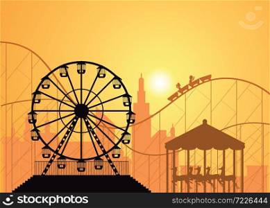 Silhouettes of a city and amusement park with the Ferris wheel and the roller coaster attractions, vector illustration.