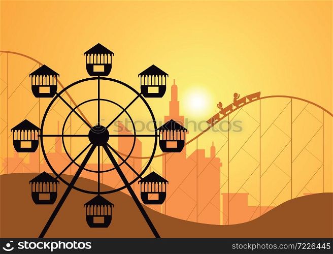 Silhouettes of a city and amusement park with the Ferris wheel , vector illustration.