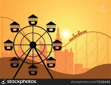 Silhouettes of a city and amusement park with the Ferris wheel , vector illustration.