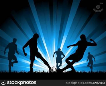 Silhouettes of a group of men playing soccer