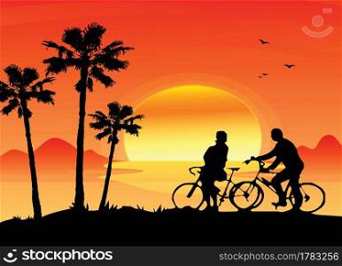 Silhouettes of a man and a woman riding bikes, palm trees and a hill