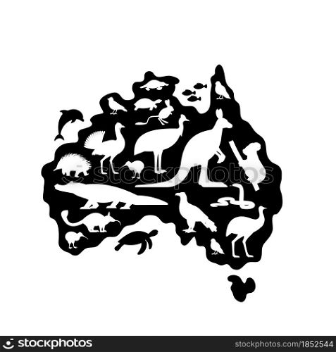 Silhouettes of animals and Birds on Australia Map