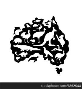 Silhouettes of animals and Birds on Australia Map