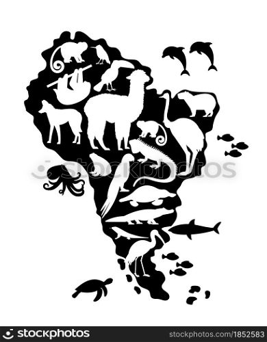Silhouettes of Animals and Birds on South America Map