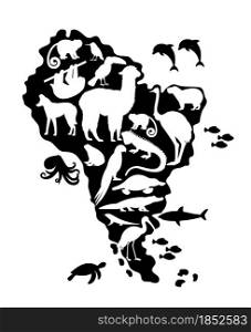 Silhouettes of Animals and Birds on South America Map