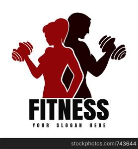 Silhouettes of Athletic Man and Woman with dumbbels. Fitness club Logo or Emblem. Vector illustration.