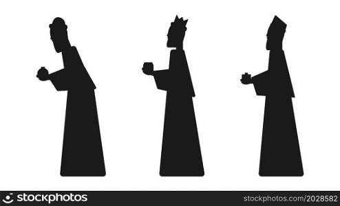Silhouettes of baby magicians from the east or wise men. Waxes with gifts go to worship the newborn Jesus. Feast of Christmas. Holy night. Vector. Silhouettes of baby magicians from the east or wise men. Waxes with gifts go to worship the newborn Jesus. Feast of Christmas. Holy night. Vector illustration.