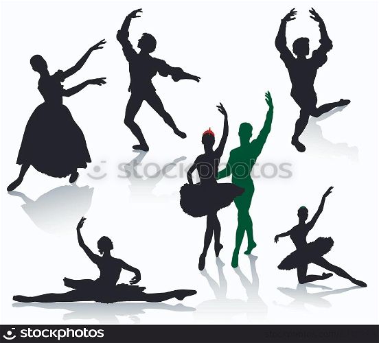 Silhouettes of ballerinas and dancer in movement on a white background