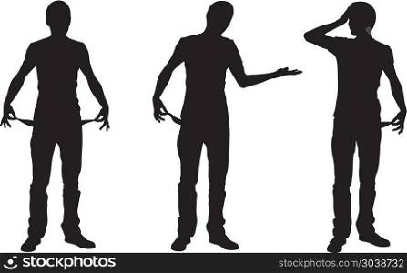 Silhouettes of bankrupt men isolated on white