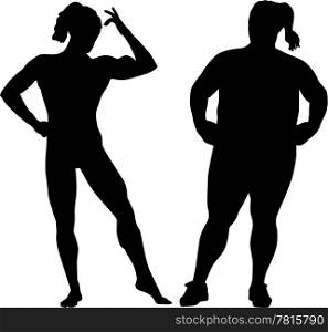Silhouettes of bodybuilder and fat woman