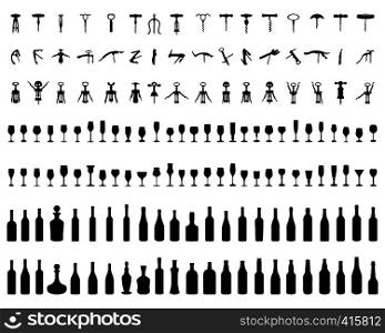Silhouettes of bottles, glasses and corkscrew on a white background