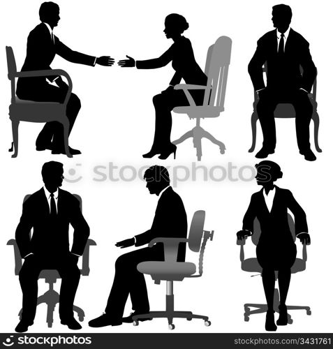 Silhouettes of Business men & women sit on office chairs. Interchangeable elements: each person and chair is a separate layer.