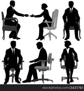 Silhouettes of Business men & women sit on office chairs. Interchangeable elements: each person and chair is a separate layer.