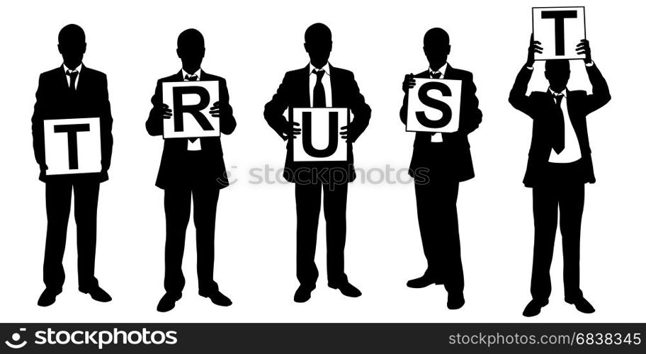 Silhouettes of businessmen holding panels isolated on white