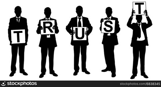 Silhouettes of businessmen holding panels isolated on white
