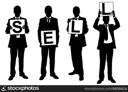 Silhouettes of businessmen holding panels isolated on white