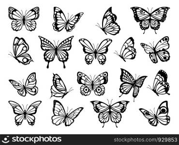 Silhouettes of butterflies. Black pictures of funny butterflies. Insect butterfly black silhouette, winged gorgeous animal, vector illustration. Silhouettes of butterflies. Black pictures of funny butterflies
