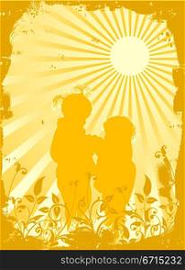Silhouettes of children in beams of the sun, vector