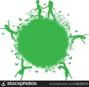 Silhouettes of children playing on a nature background