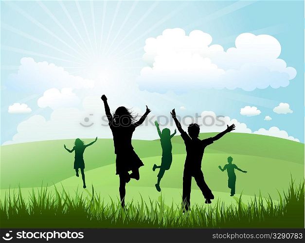 Silhouettes of children running and playing on a hill