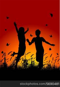 Silhouettes of children running in grass with butterflies