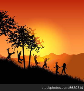 Silhouettes of children running up a grassy hill