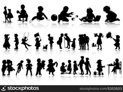 Silhouettes of children. Silhouettes of children in various situations. A vector illustration