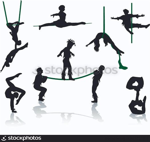 Silhouettes of circus performers. Acrobats and jugglers.