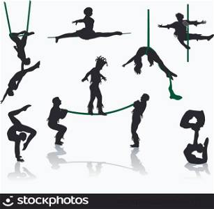 Silhouettes of circus performers. Acrobats and jugglers.