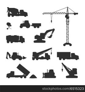 Silhouettes of Construction Machines on White. Construction machines silhouettes set. Building cranes, concrete mixers, excavators, trucks, bulldozer vector illustrations isolated on white background. For building company ad, infographics design. Silhouettes of Construction Machines on White