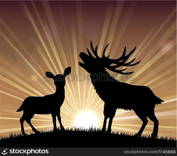 Silhouettes of deer the standing in the bright dusk. vector