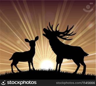 Silhouettes of deer the standing in the bright dusk. vector