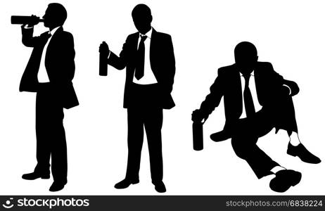 Silhouettes of drunk businessmen with bottle isolated on white