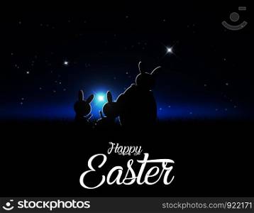 Silhouettes of easter bunnies against a moonlight and stars. Concept easter vector illustration