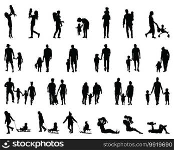 Silhouettes of families at walking and game on a white background