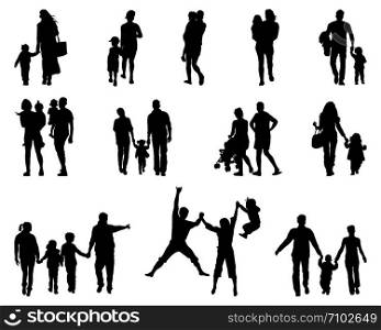 Silhouettes of families at walking on a white background