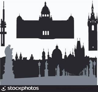 Silhouettes of famous buildings and landmarks of Prague.