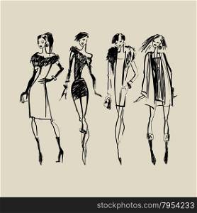 Silhouettes of Fashion Women. Silhouettes of Beautiful Women. Hand drawn ink Fashion illustration.