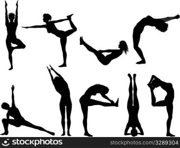 Silhouettes of females in various yoga poses