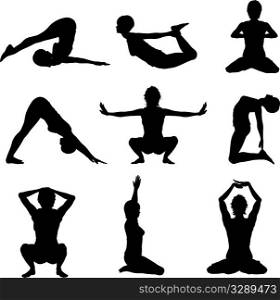 Silhouettes of females in various yoga poses