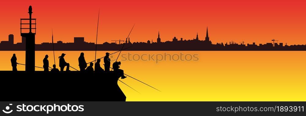 Silhouettes of fishermen with fishing rods on pier with lighthouse and long city skyline on background of sunset. Lots of people with long fishing rods with copy space.